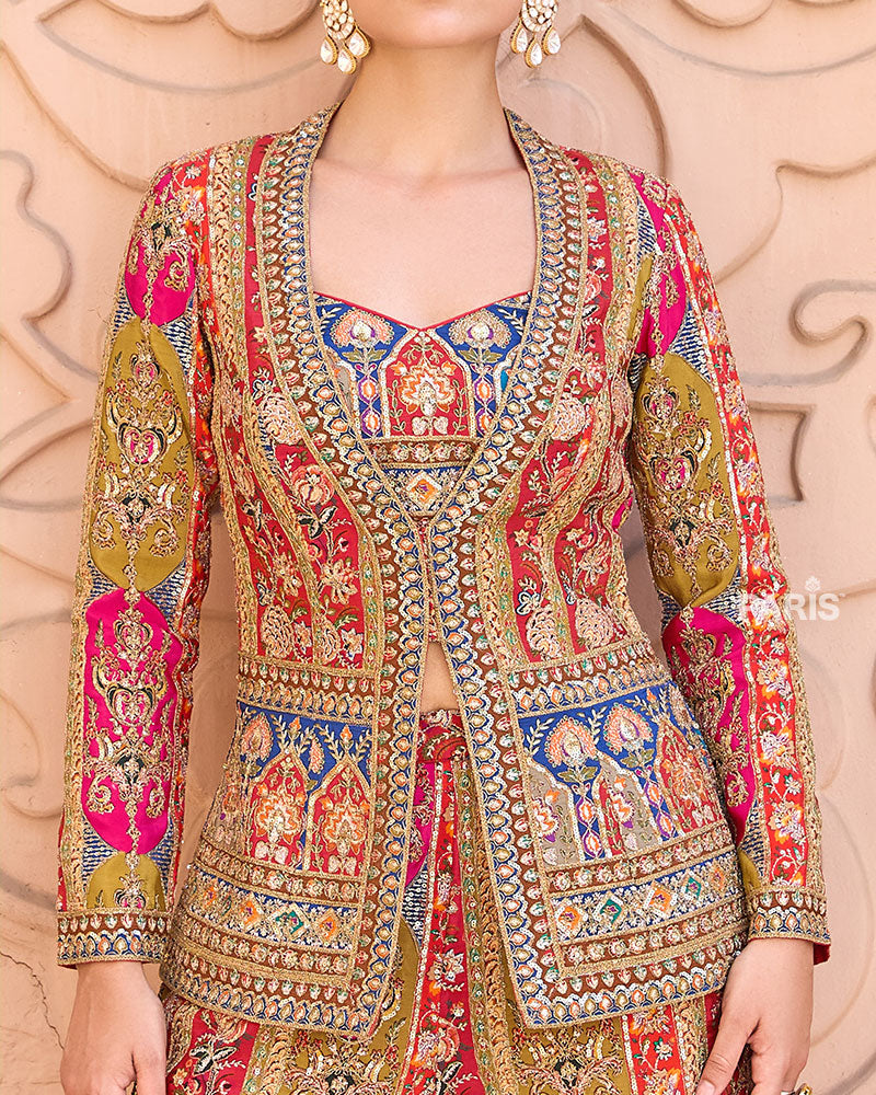 Red & Mustard Embroidered Indo Western Set – Festive Designer Silk