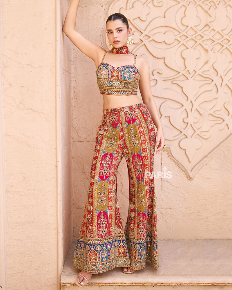 Red & Mustard Embroidered Indo Western Set – Festive Designer Silk