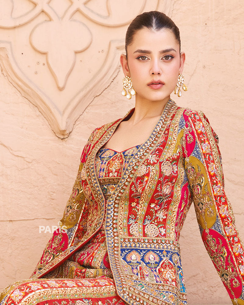 Red & Mustard Embroidered Indo Western Set – Festive Designer Silk