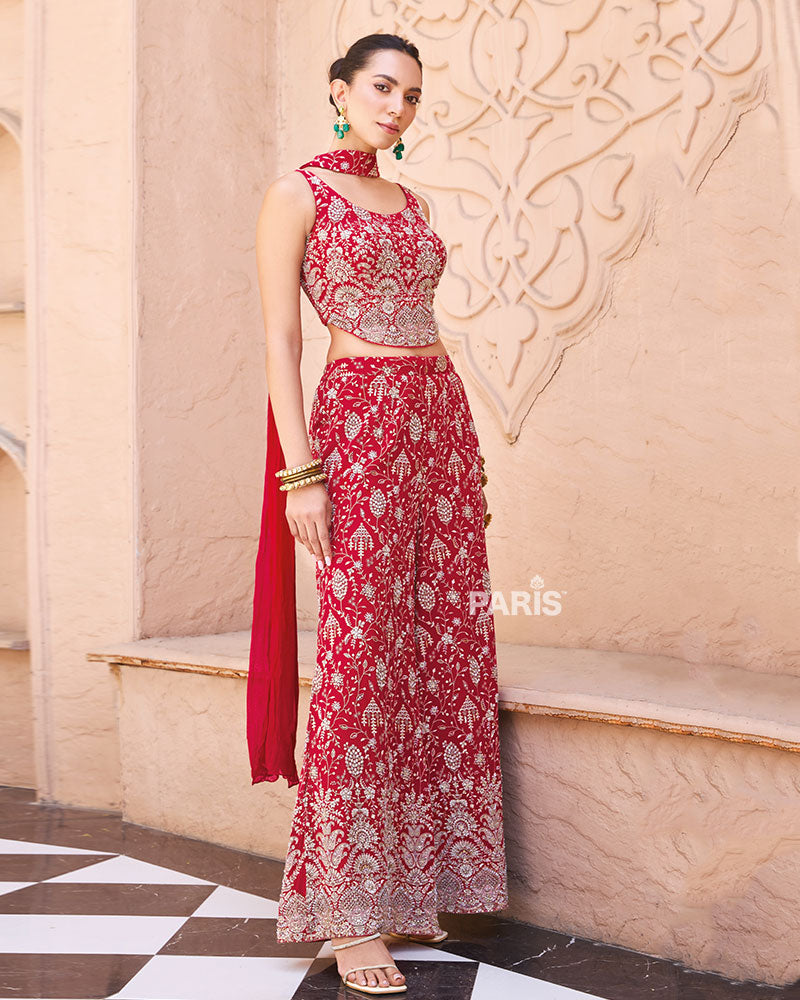 Red Embroidered Indo Western Palazzo Set – Statement Festive Suit