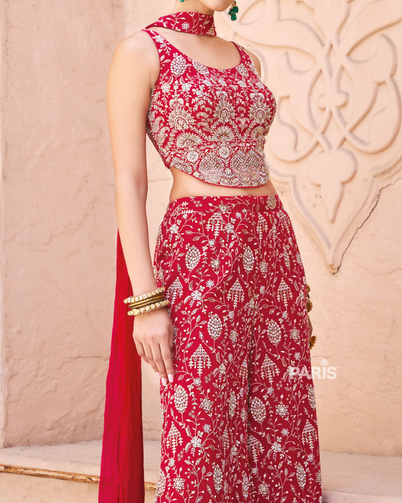 Red Embroidered Indo Western Palazzo Set – Statement Festive Suit