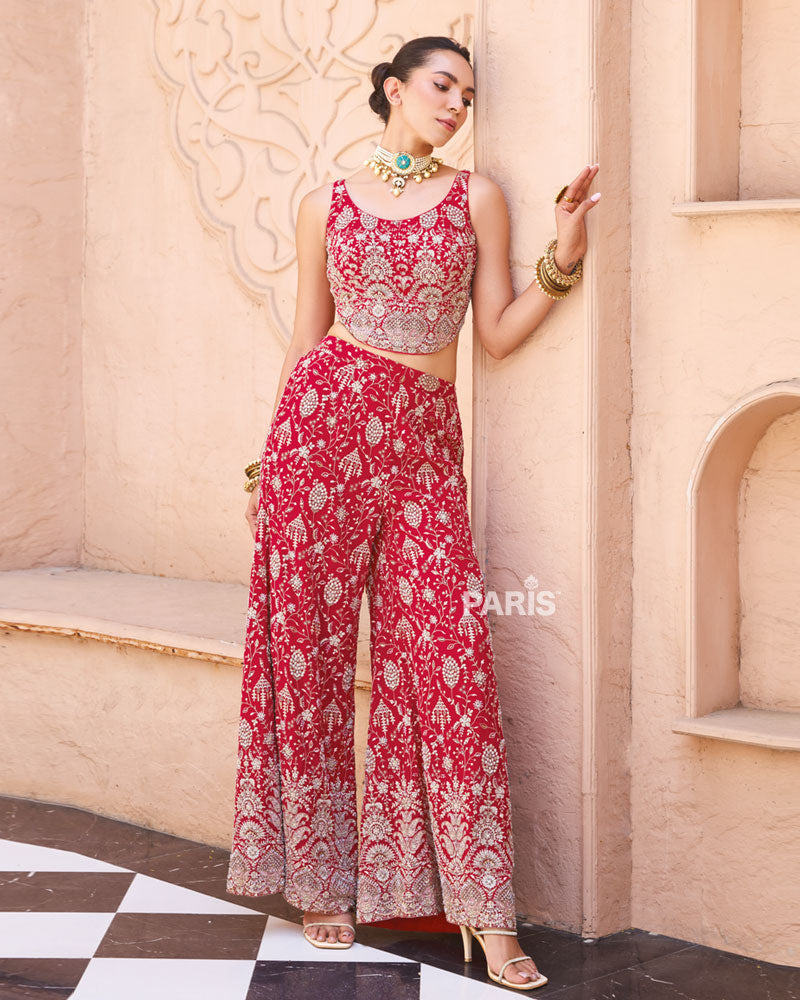 Red Embroidered Indo Western Palazzo Set – Statement Festive Suit