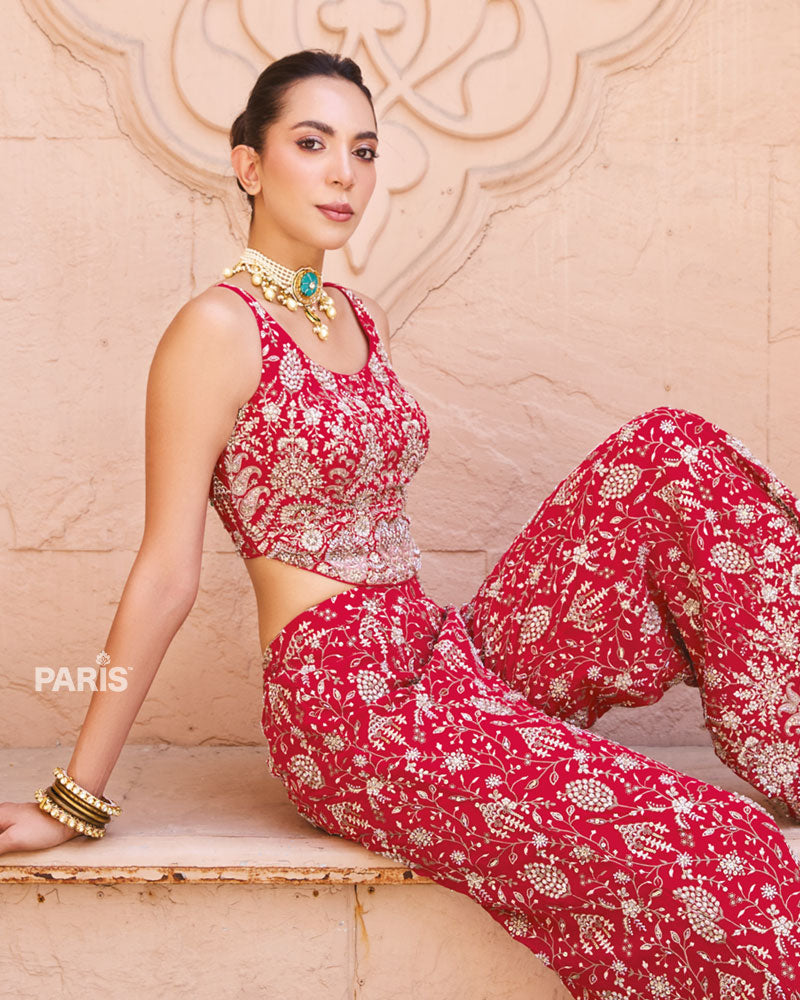 Red Embroidered Indo Western Palazzo Set – Statement Festive Suit