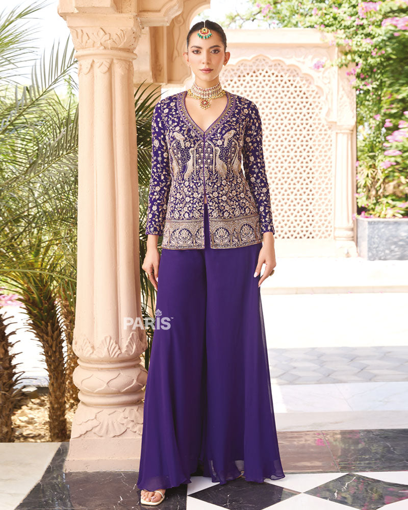 Deep Purple Embellished Palazzo Suit – Zardozi Festive Jacket Set