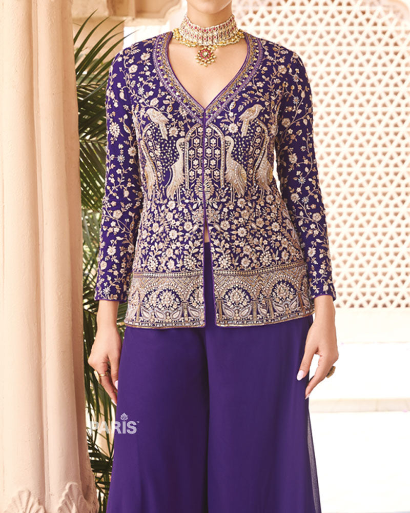 Deep Purple Embellished Palazzo Suit – Zardozi Festive Jacket Set
