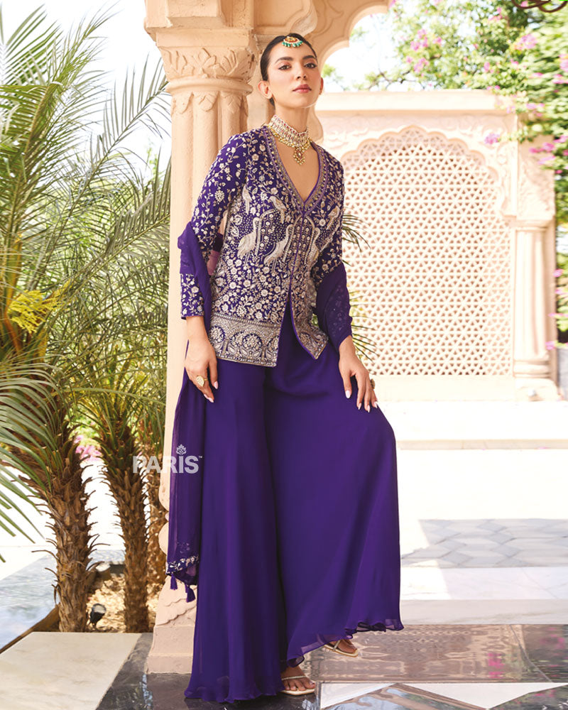Deep Purple Embellished Palazzo Suit – Zardozi Festive Jacket Set