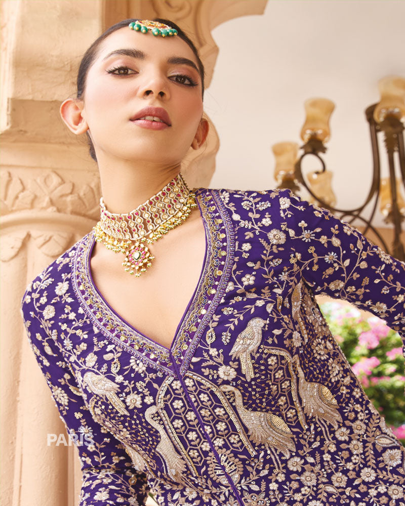 Deep Purple Embellished Palazzo Suit – Zardozi Festive Jacket Set