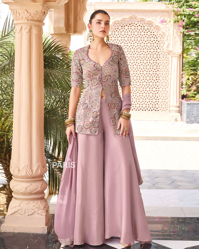 Dusty Lavender Printed Palazzo Suit – Trendy Georgette Jacket Set