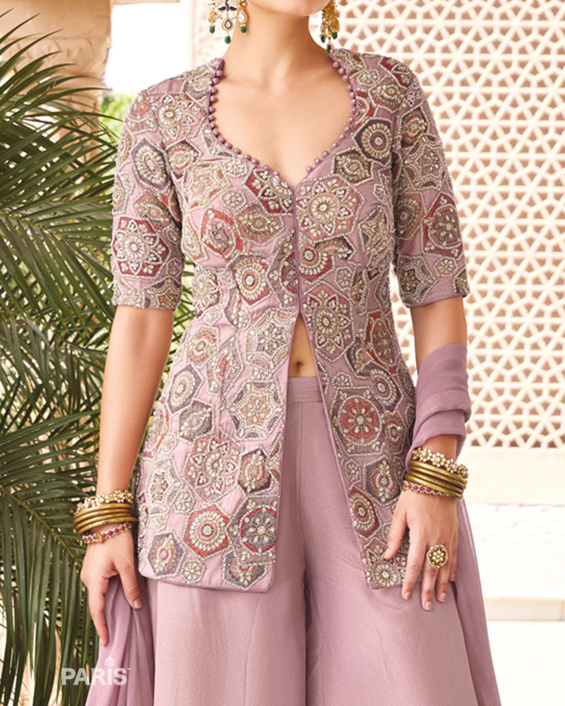 Dusty Lavender Printed Palazzo Suit – Trendy Georgette Jacket Set
