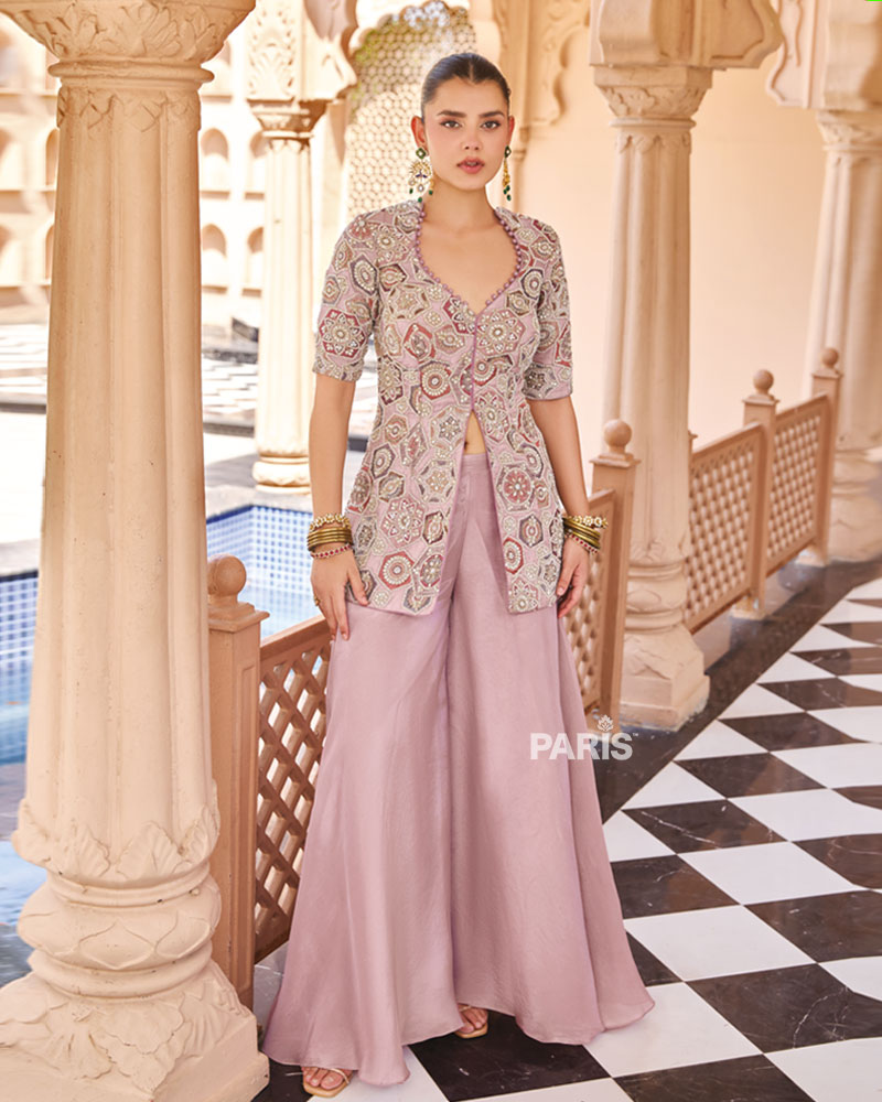 Dusty Lavender Printed Palazzo Suit – Trendy Georgette Jacket Set