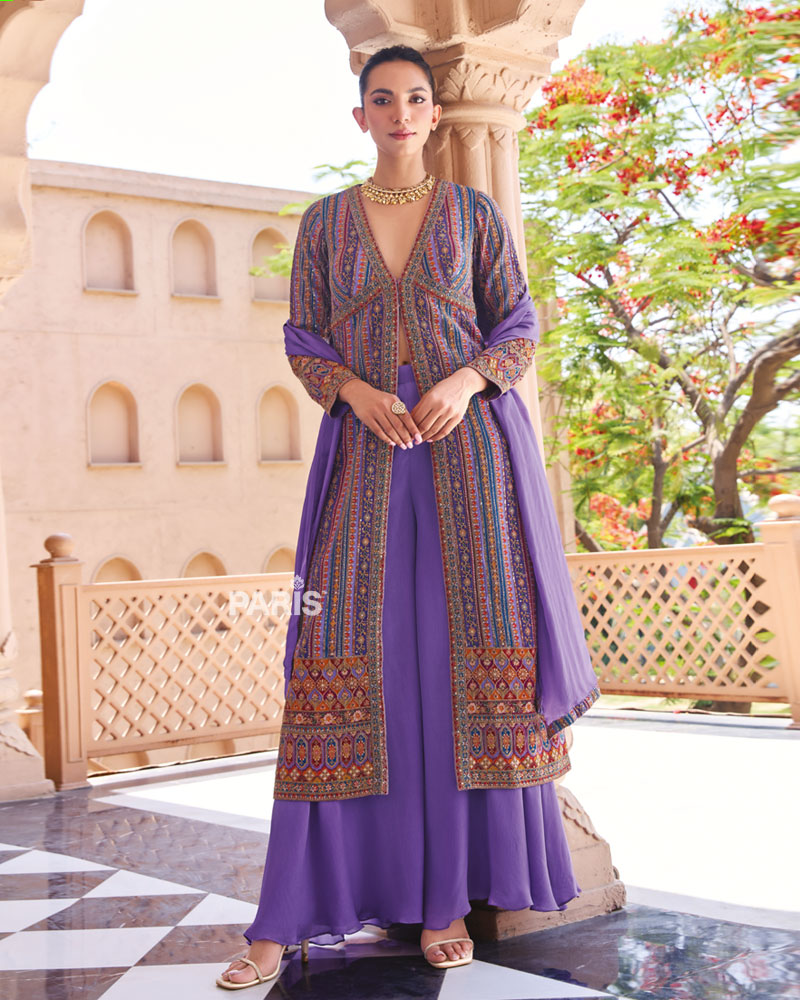 Purple Printed Georgette Palazzo Set – Indo Western Festive Suit