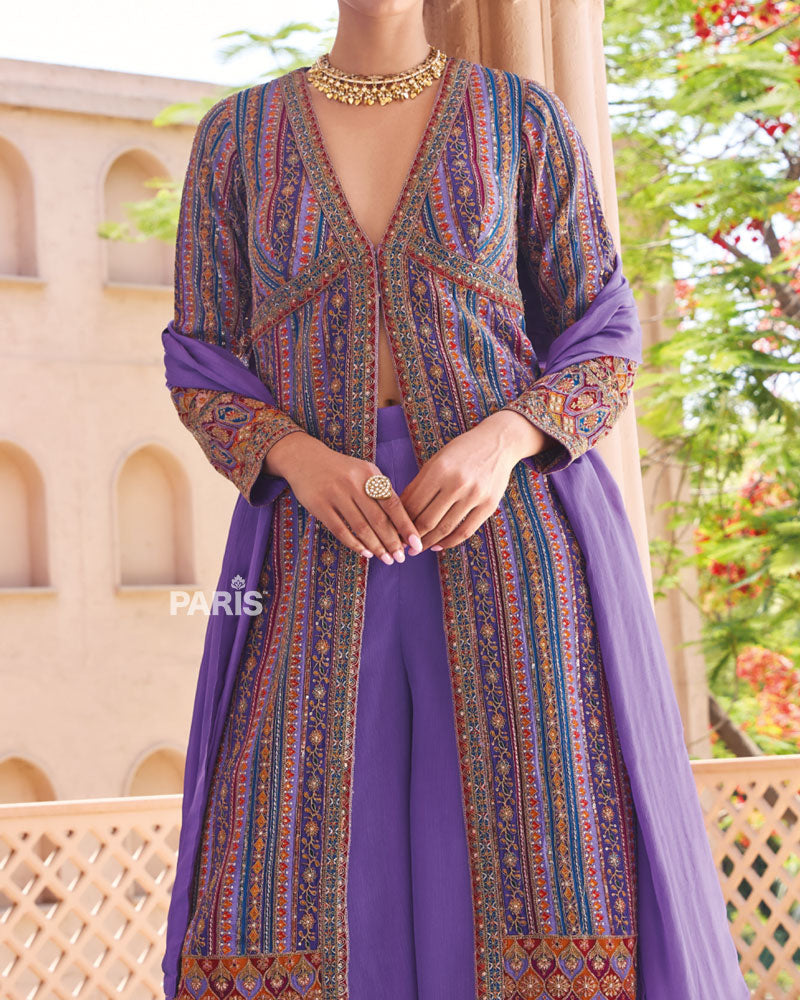 Purple Printed Georgette Palazzo Set – Indo Western Festive Suit