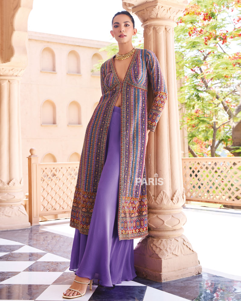 Purple Printed Georgette Palazzo Set – Indo Western Festive Suit