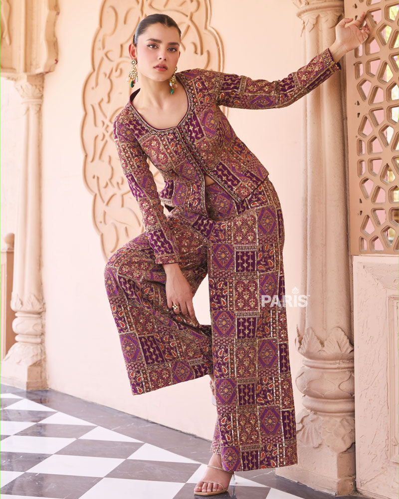 Purple Silk Printed Indo Western Set – Festive Jacket Palazzo
