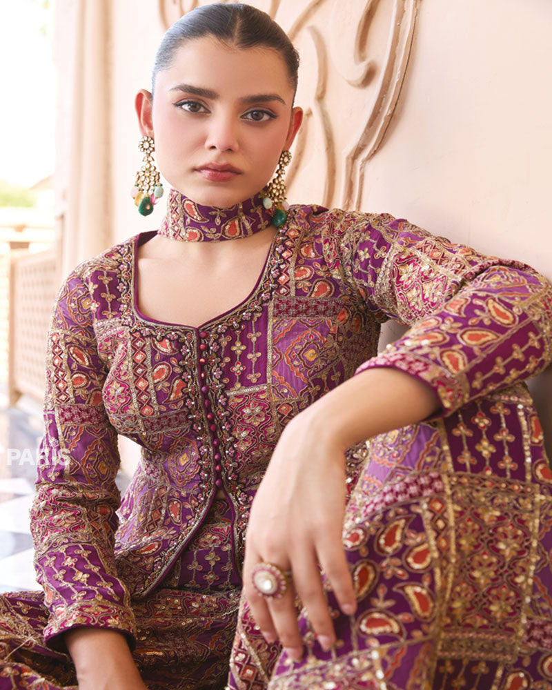 Purple Silk Printed Indo Western Set – Festive Jacket Palazzo