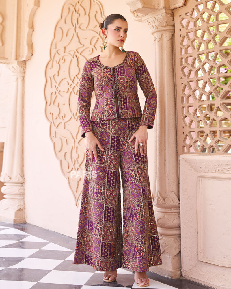 Purple Silk Printed Indo Western Set – Festive Jacket Palazzo