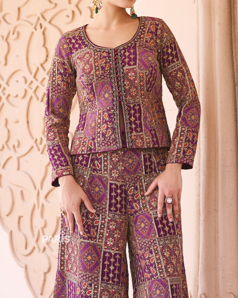 Purple Silk Printed Indo Western Set – Festive Jacket Palazzo