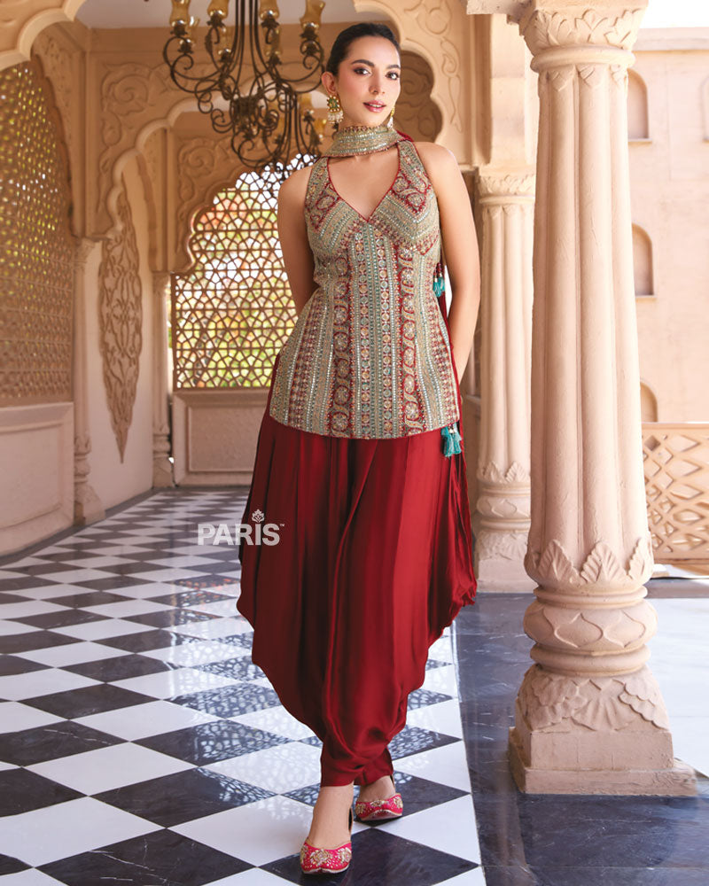 Rust Red Printed Georgette Dhoti Set – Indo Western Festive Wear