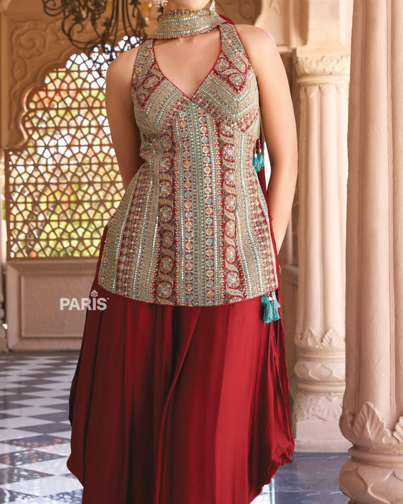 Rust Red Printed Georgette Dhoti Set – Indo Western Festive Wear