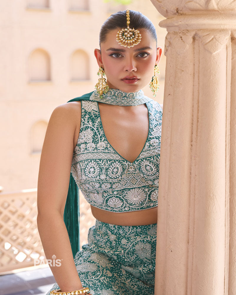 Teal Green Georgette Indo Western Set – Embroidered Crop Top Suit