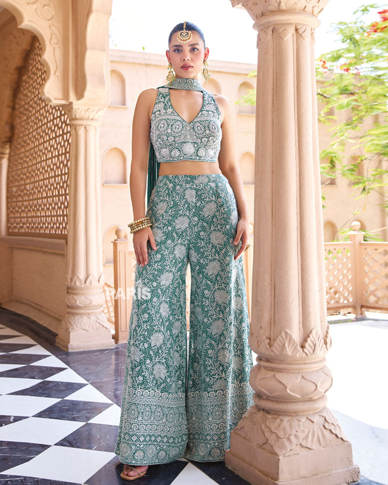 Teal Green Georgette Indo Western Set – Embroidered Crop Top Suit