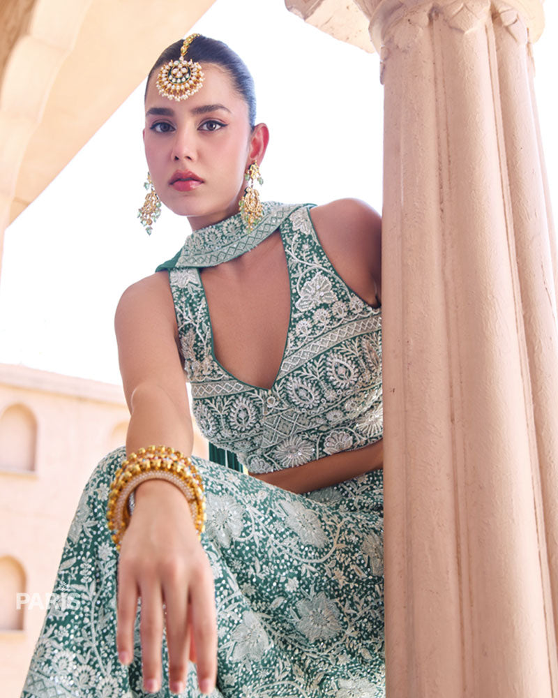 Teal Green Georgette Indo Western Set – Embroidered Crop Top Suit