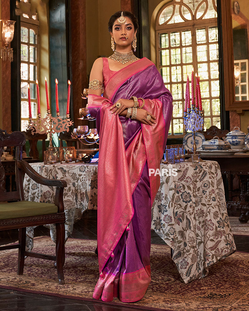 Purple and Pink Paisley Woven Border Kanjeevaram Silk Saree with Unstitched Blouse