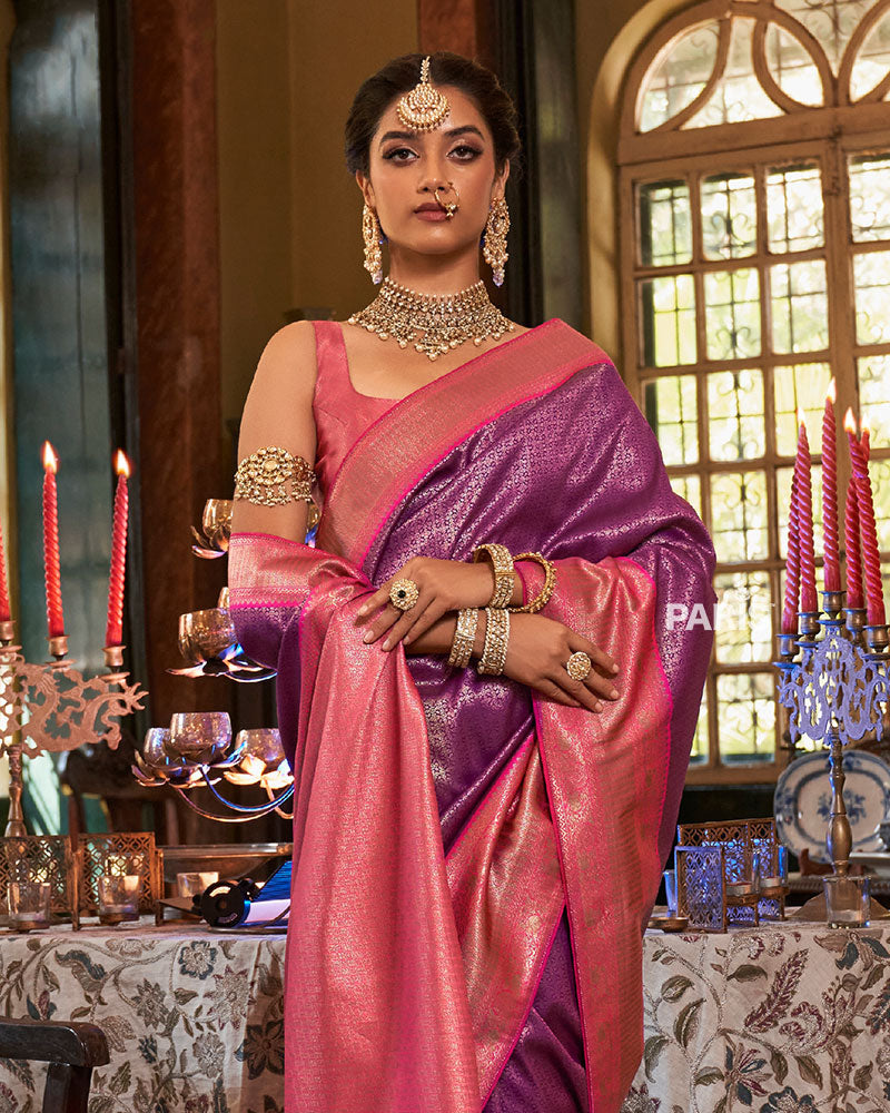 Purple and Pink Paisley Woven Border Kanjeevaram Silk Saree with Unstitched Blouse