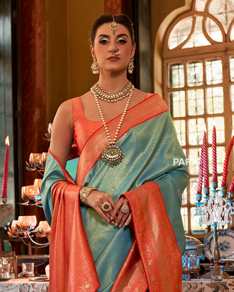 Turquoise and Orange Paisley Woven Border Kanjeevaram Silk Saree with Unstitched Blouse