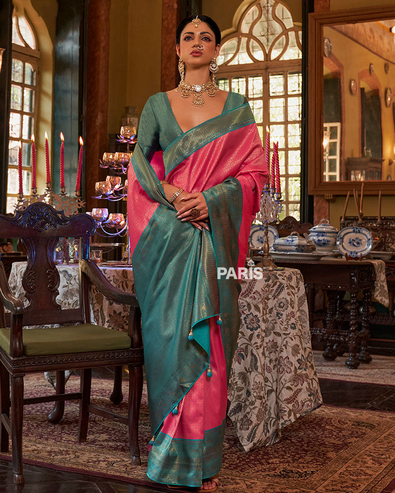 Pink and Teal Paisley Woven Border Kanjeevaram Silk Saree with Unstitched Blouse