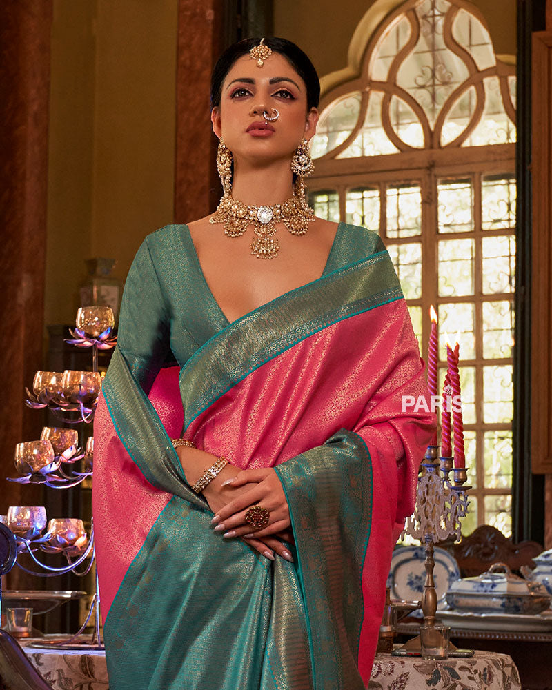 Pink and Teal Paisley Woven Border Kanjeevaram Silk Saree with Unstitched Blouse