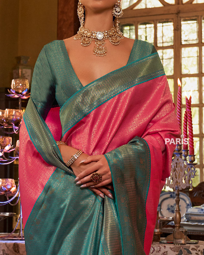 Pink and Teal Paisley Woven Border Kanjeevaram Silk Saree with Unstitched Blouse