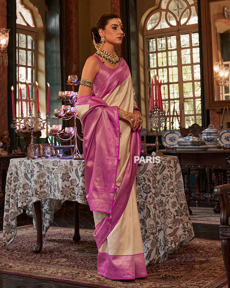 Cream and Pink Paisley Woven Border Kanjeevaram Silk Saree with Unstitched Blouse