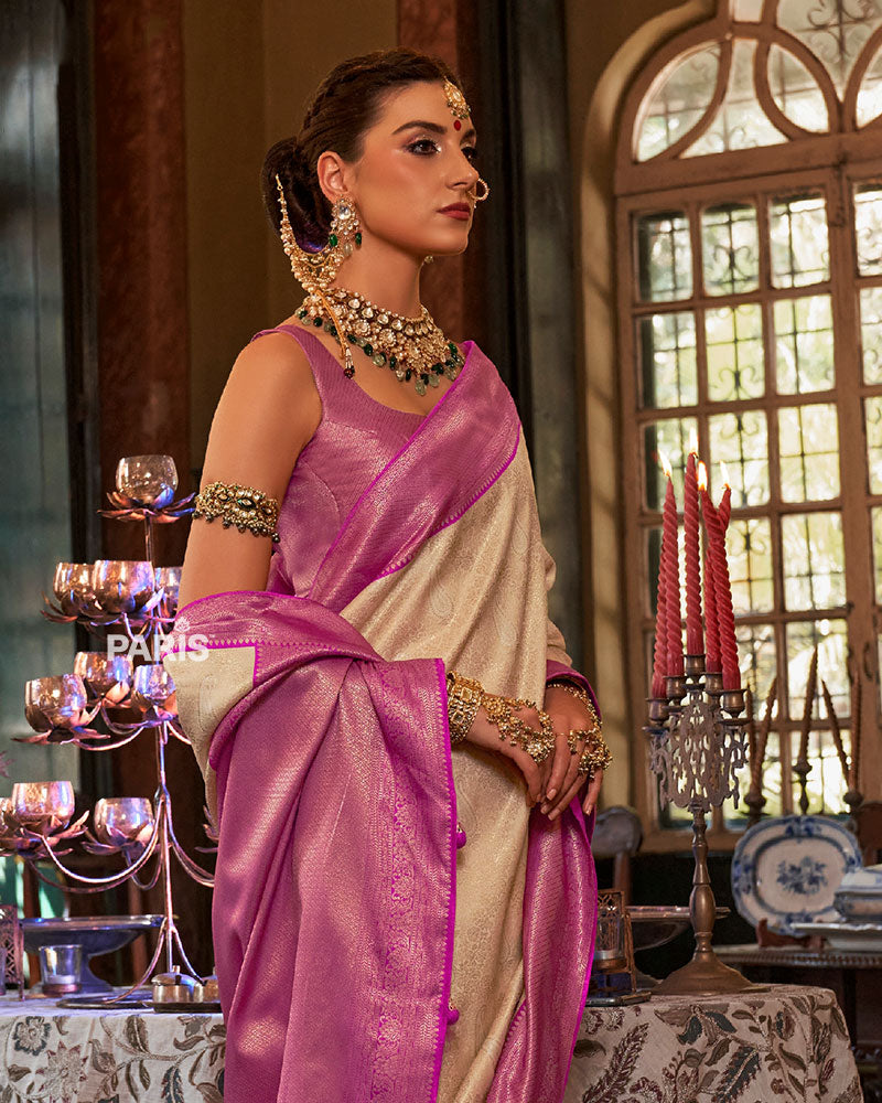Cream and Pink Paisley Woven Border Kanjeevaram Silk Saree with Unstitched Blouse