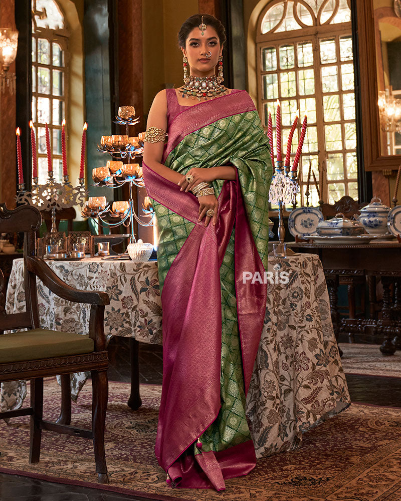 Green and Pink Paisley Woven Border Kanjeevaram Silk Saree with Unstitched Blouse