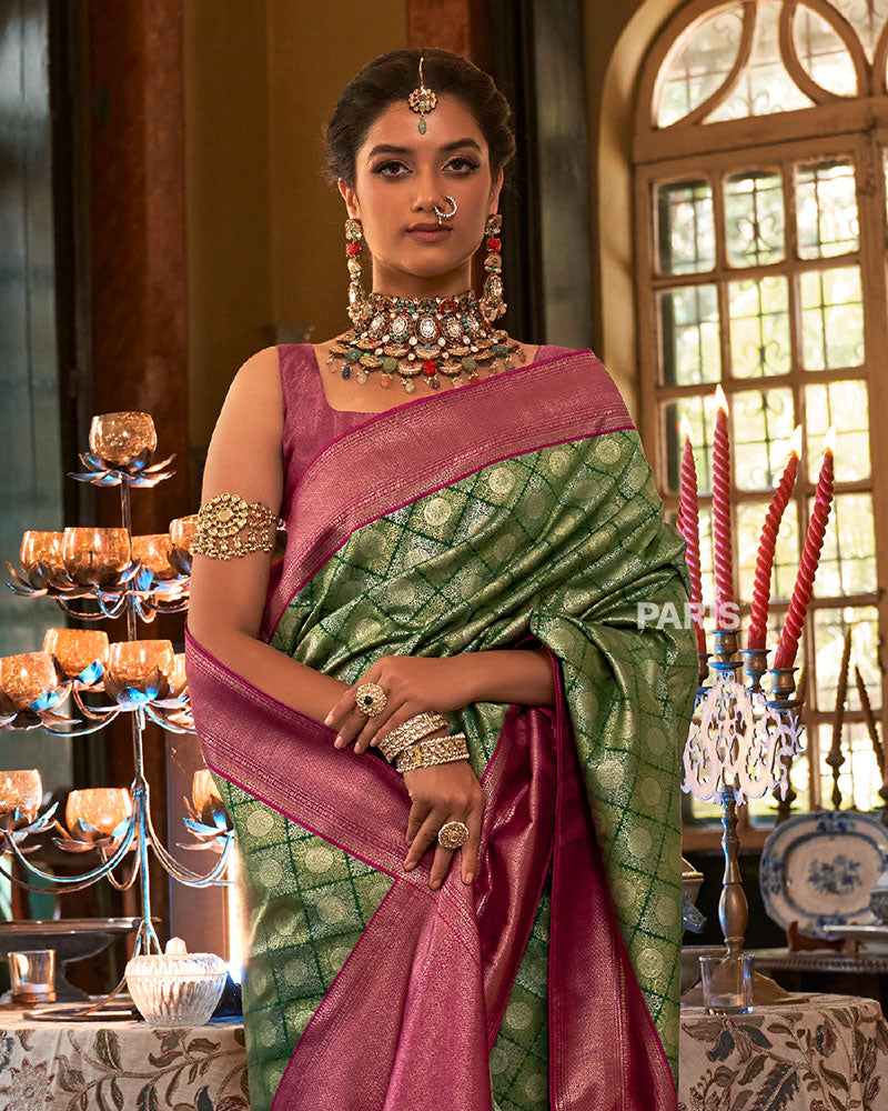 Green and Pink Paisley Woven Border Kanjeevaram Silk Saree with Unstitched Blouse