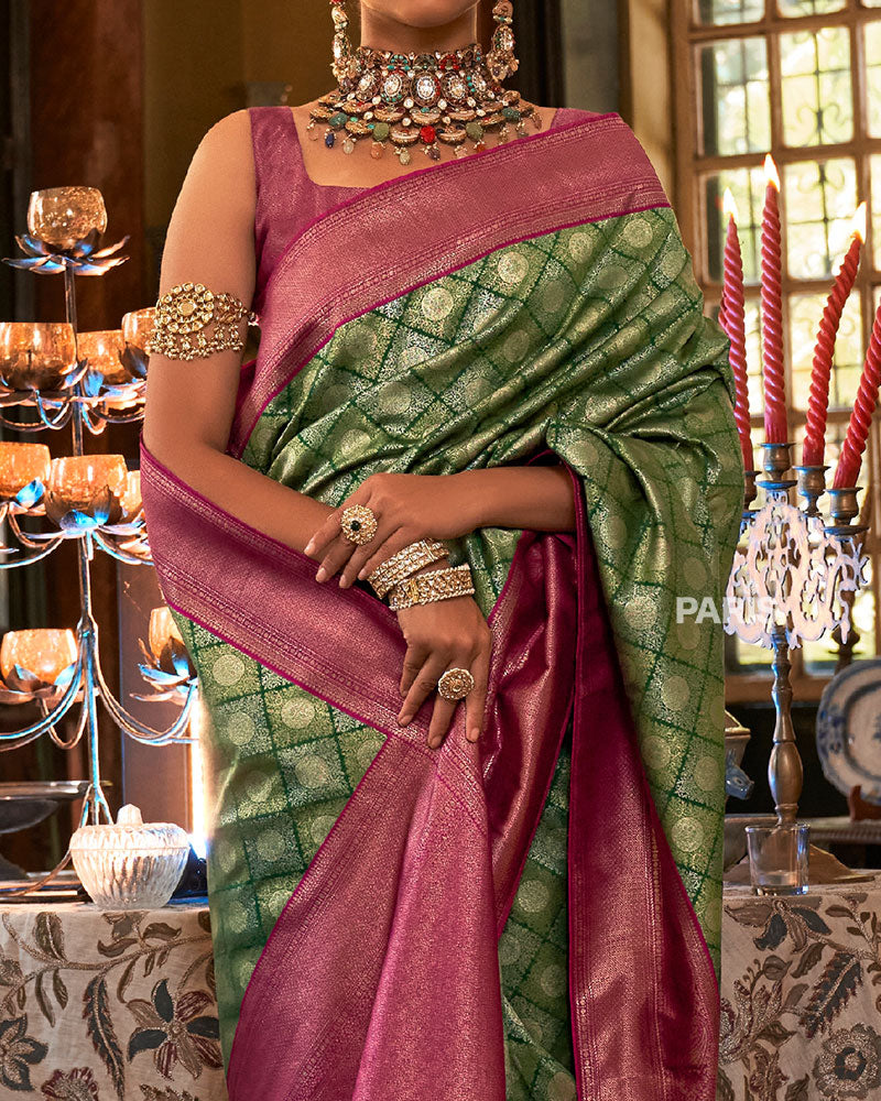 Green and Pink Paisley Woven Border Kanjeevaram Silk Saree with Unstitched Blouse