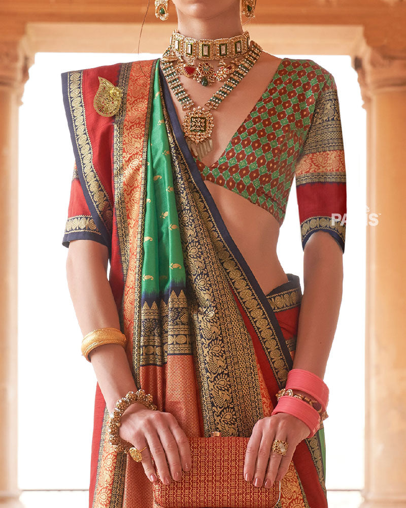 Green and Multicolor Printed Patola Silk Saree with Unstitched Blouse