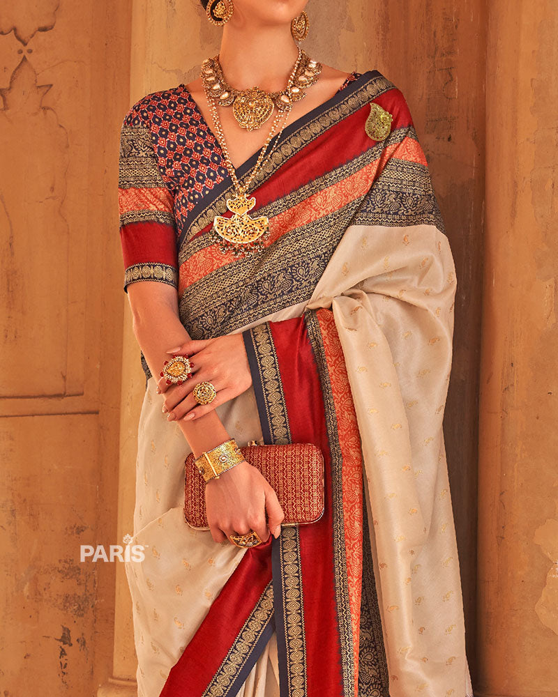 Off White and Multicolor Printed Patola Silk Saree with Unstitched Blouse