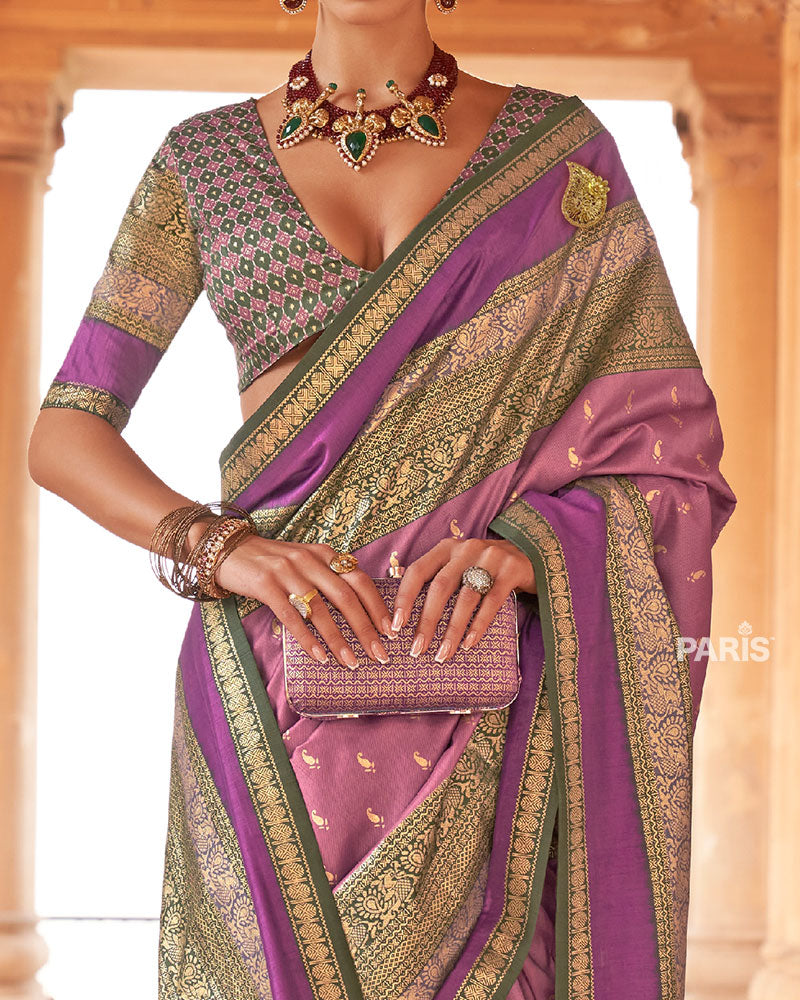 Purple and Multicolor Printed Patola Silk Saree with Unstitched Blouse