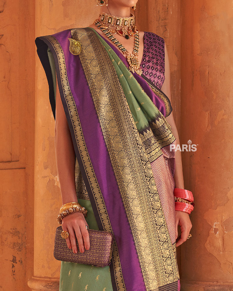 Sage Green and Purple Printed Patola Silk Saree with Unstitched Blouse