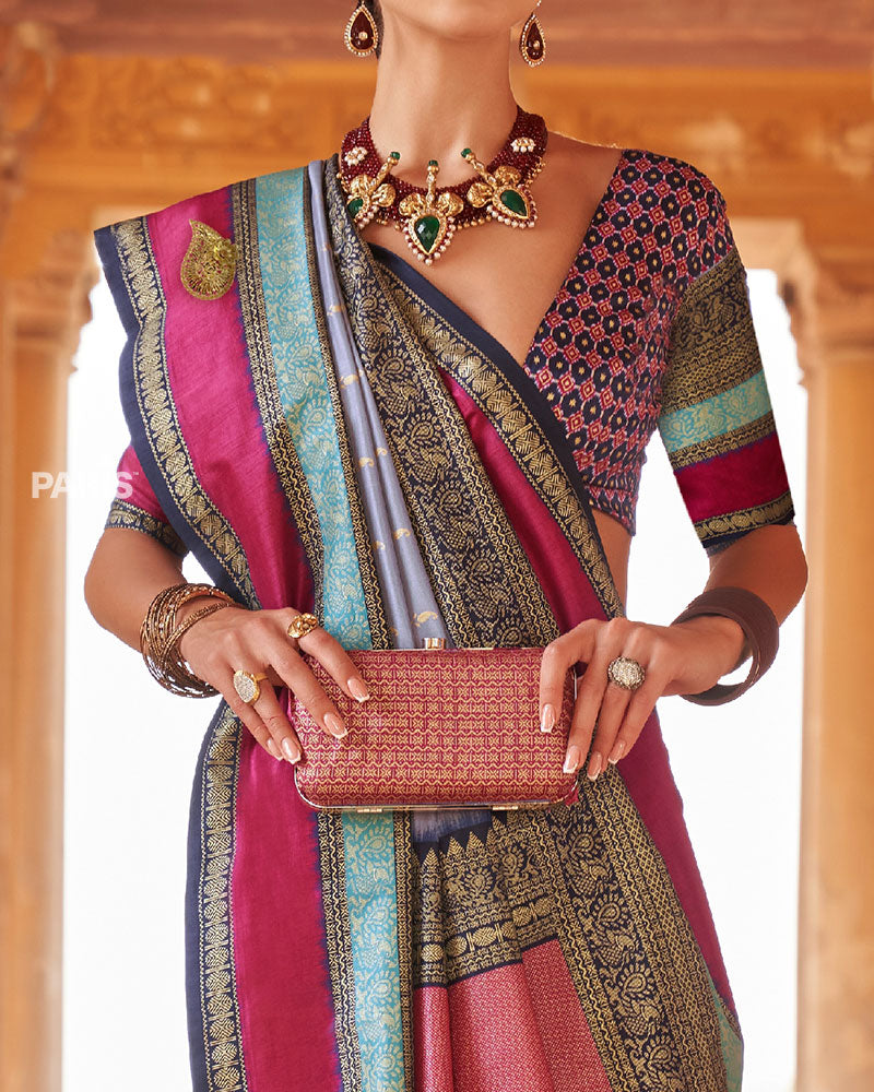 Deep Blue and Pink Border Printed Patola Silk Saree with Unstitched Blouse