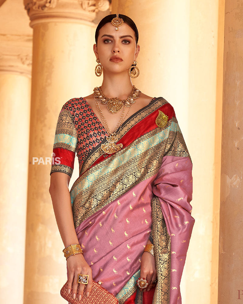 Dusty Rose with Deep Red and Mint Green Borders Printed Patola Silk Saree with Unstitched Blouse