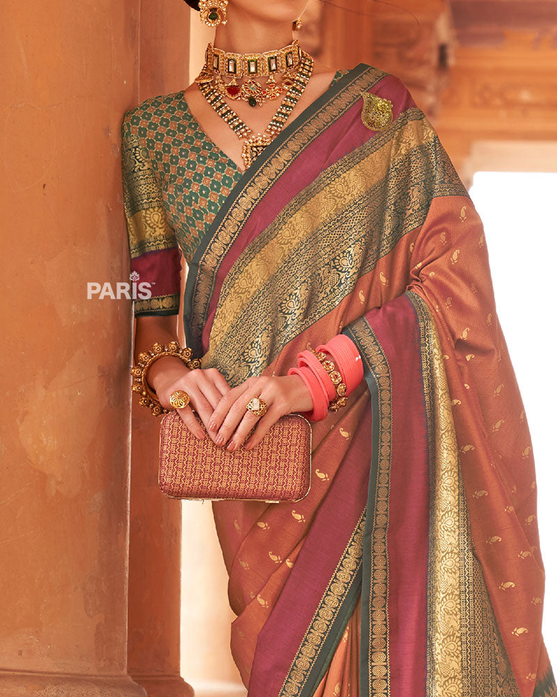 Rust Orange and Teal Dual-Tone Borders Printed Patola Silk Saree with Unstitched Blouse