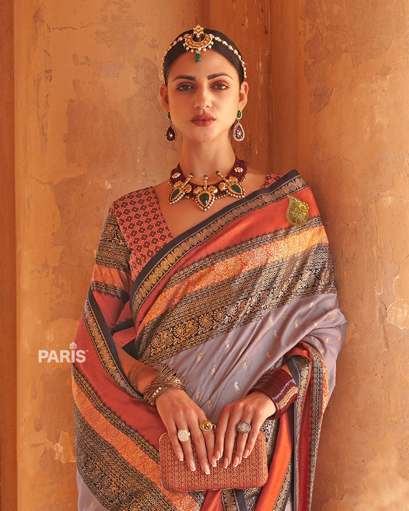 Lavender Grey and Rust Dual-Tone Borders Printed Patola Silk Saree with Unstitched Blouse