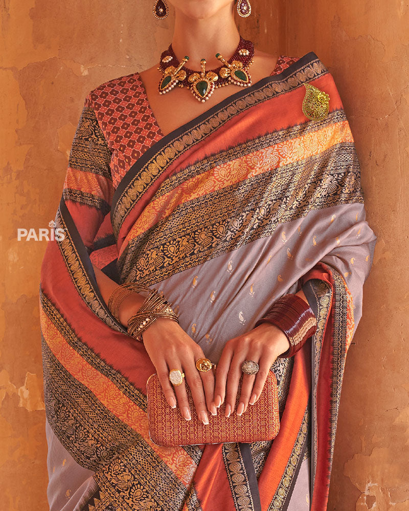 Lavender Grey and Rust Dual-Tone Borders Printed Patola Silk Saree with Unstitched Blouse