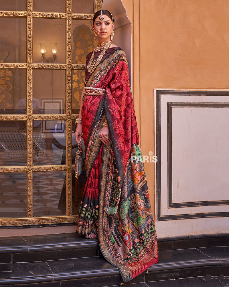 Red & Black Border Printed Silk Saree with Belt