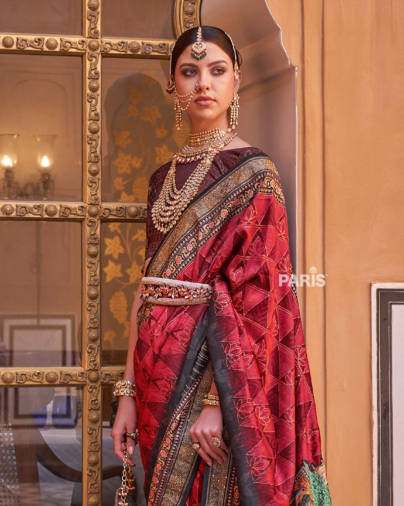 Red & Black Border Printed Silk Saree with Belt