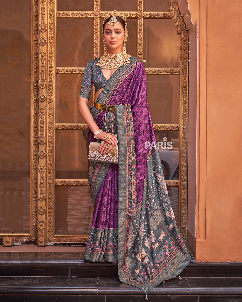 Purple & Grey Border Printed Silk Saree with Belt