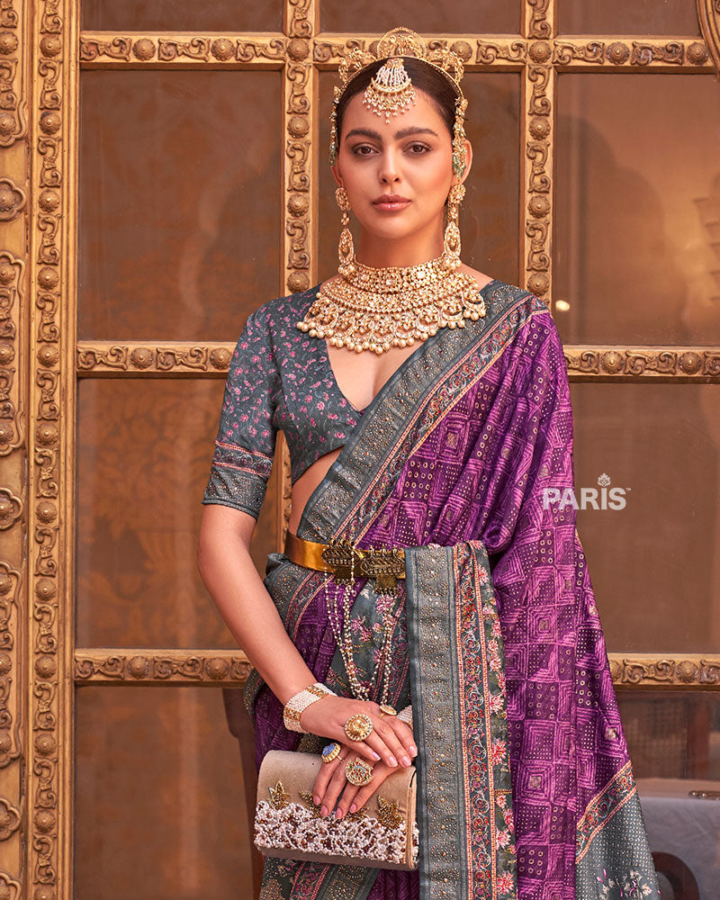 Purple & Grey Border Printed Silk Saree with Belt